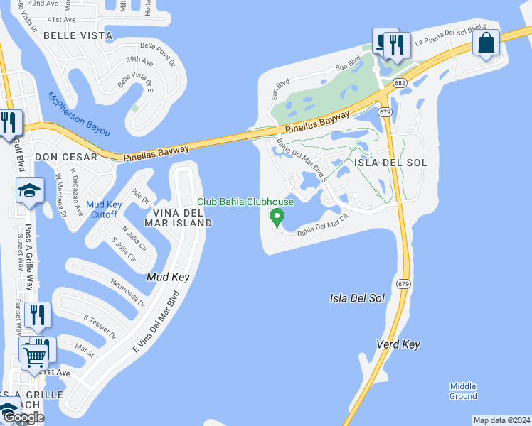 map of restaurants, bars, coffee shops, grocery stores, and more near 6085 Bahia Del Mar Circle in St. Petersburg