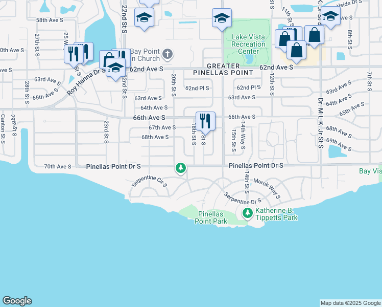 map of restaurants, bars, coffee shops, grocery stores, and more near 1801 69th Avenue South in Saint Petersburg