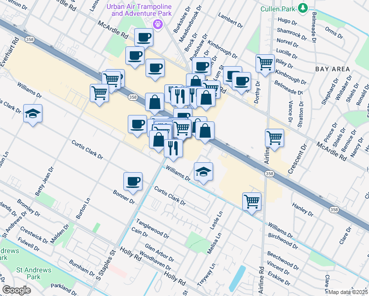 map of restaurants, bars, coffee shops, grocery stores, and more near 5607 South Padre Island Drive in Corpus Christi