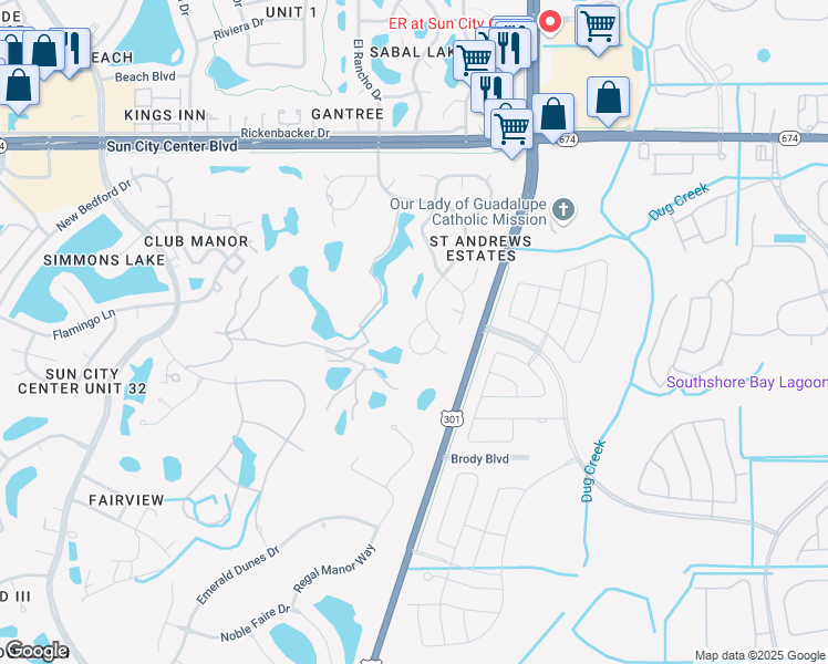 map of restaurants, bars, coffee shops, grocery stores, and more near 410 Smithfield Lane in Sun City Center