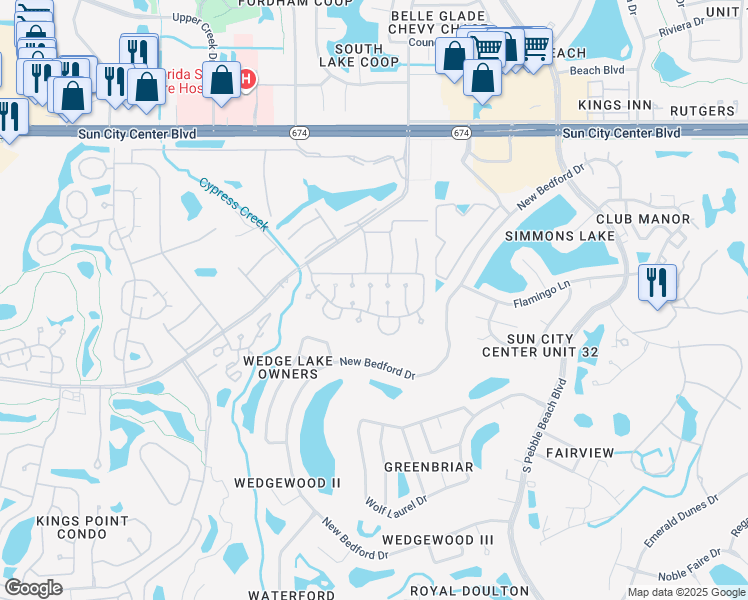 map of restaurants, bars, coffee shops, grocery stores, and more near 409 Flanborough Trail in Sun City Center