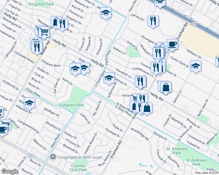map of restaurants, bars, coffee shops, grocery stores, and more near 5717 Killarmet Drive in Corpus Christi