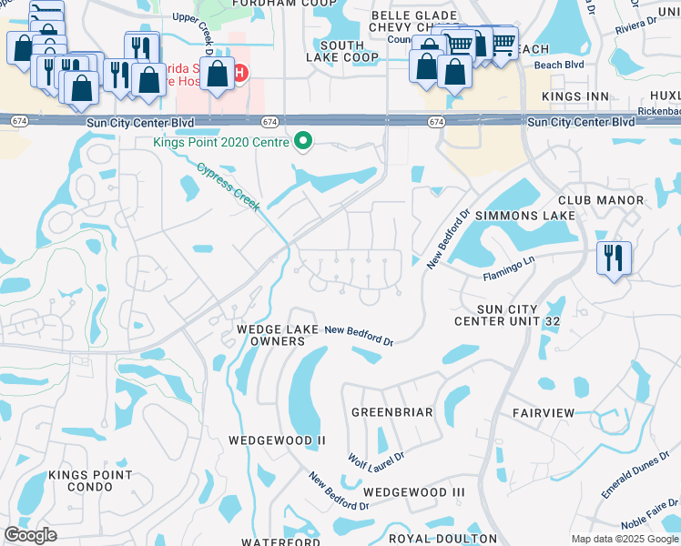 map of restaurants, bars, coffee shops, grocery stores, and more near 303 Friar Court in Sun City Center