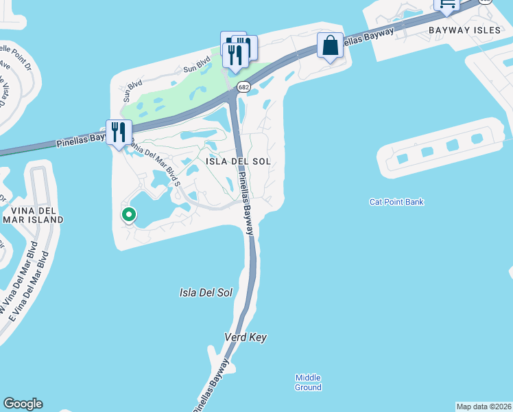 map of restaurants, bars, coffee shops, grocery stores, and more near 6365 Palma Del Mar Boulevard South in St. Petersburg