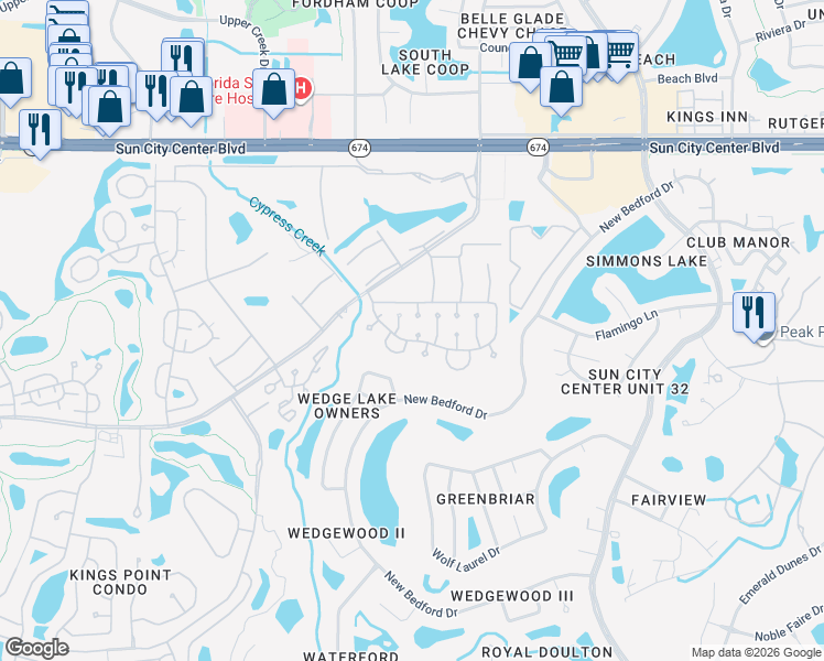 map of restaurants, bars, coffee shops, grocery stores, and more near 303 Friar Court in Sun City Center