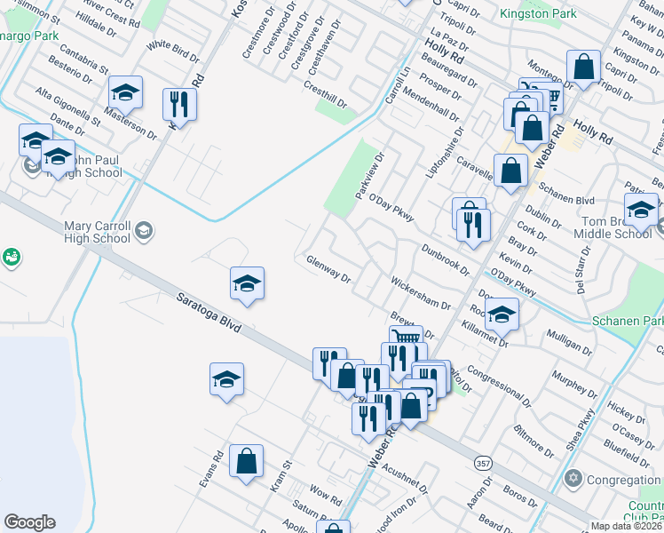 map of restaurants, bars, coffee shops, grocery stores, and more near 3637 Braeburn Drive in Corpus Christi