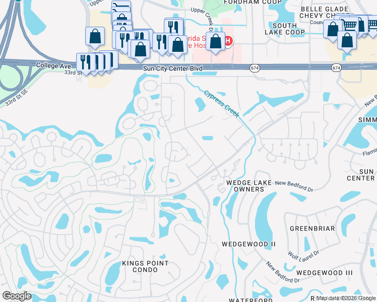 map of restaurants, bars, coffee shops, grocery stores, and more near 2216 Grenadier Drive in Sun City Center