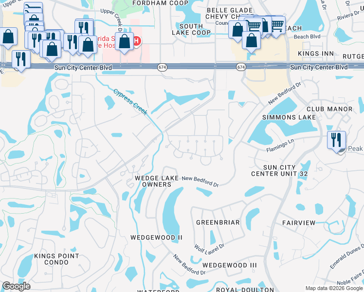 map of restaurants, bars, coffee shops, grocery stores, and more near 407 Feltham Trail in Sun City Center