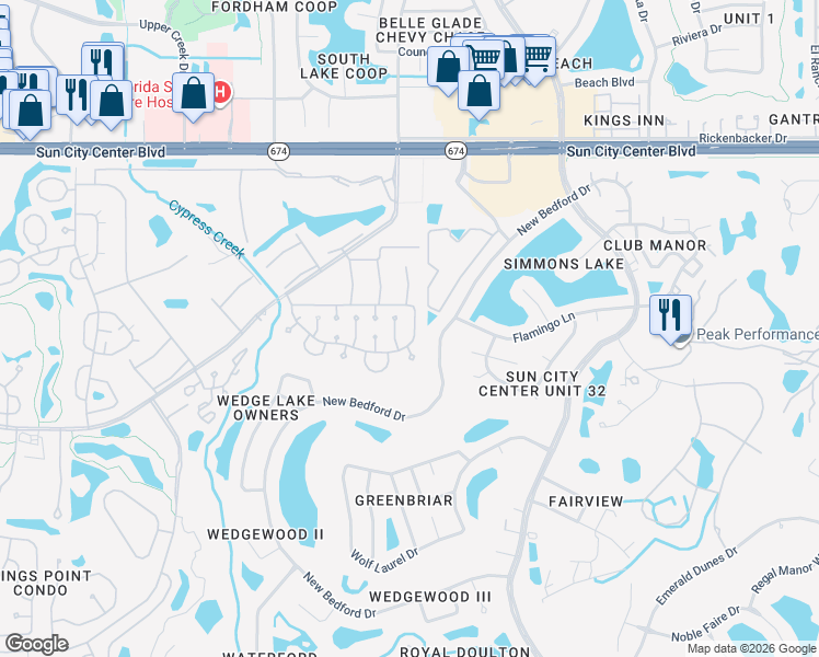 map of restaurants, bars, coffee shops, grocery stores, and more near 1801 B Fox Hunt Drive in Sun City Center