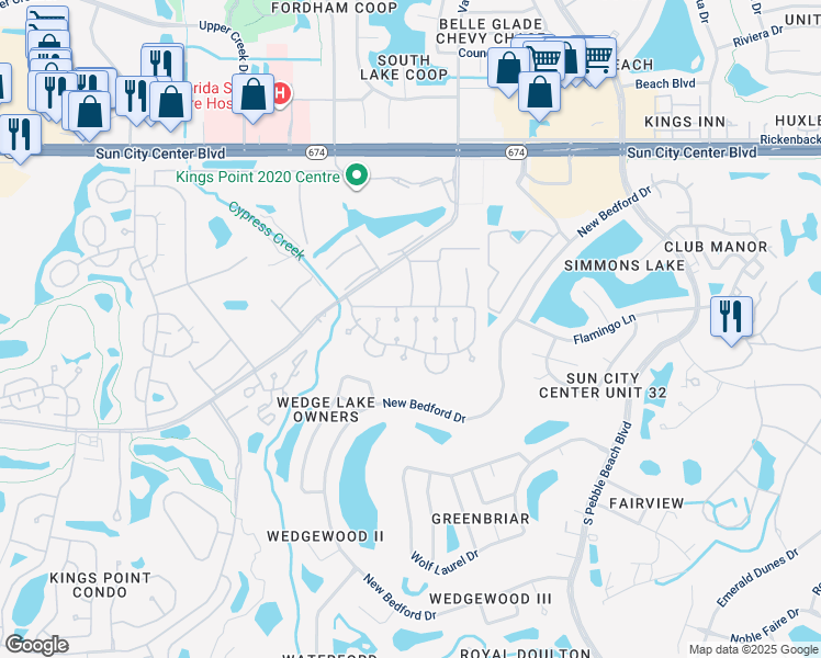map of restaurants, bars, coffee shops, grocery stores, and more near 406 Flanborough Trail in Sun City Center