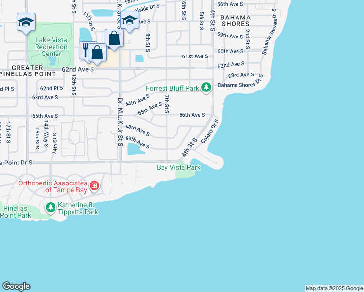 map of restaurants, bars, coffee shops, grocery stores, and more near 651 69th Avenue South in St. Petersburg