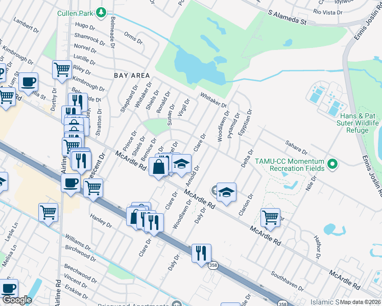 map of restaurants, bars, coffee shops, grocery stores, and more near 1114 Clare Drive in Corpus Christi
