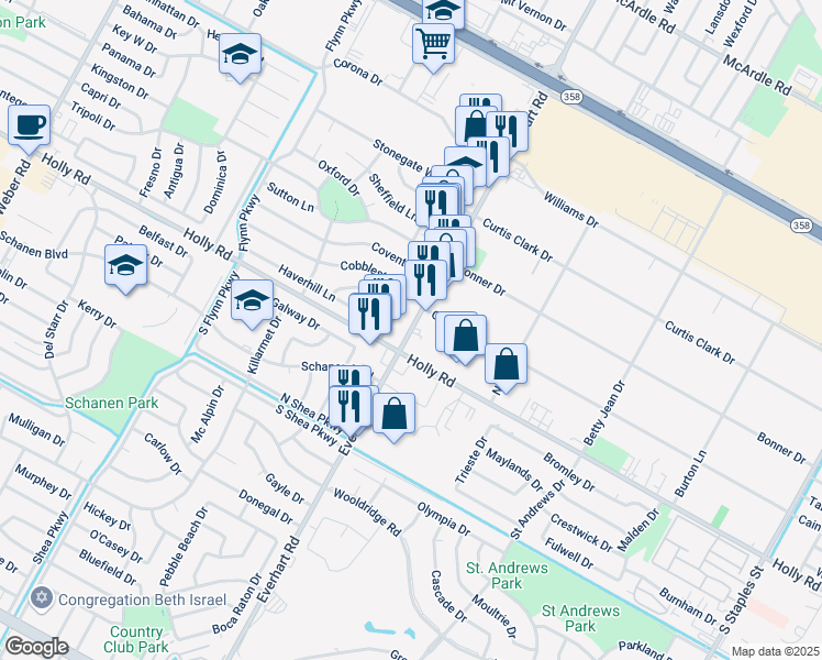 map of restaurants, bars, coffee shops, grocery stores, and more near 5606 Everhart Road in Corpus Christi