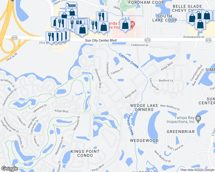 map of restaurants, bars, coffee shops, grocery stores, and more near 2251 Grenadier Drive in Sun City Center