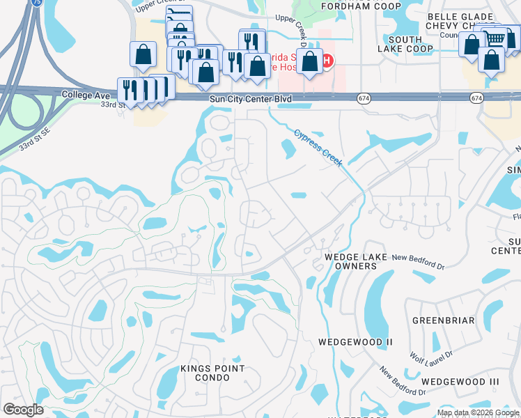 map of restaurants, bars, coffee shops, grocery stores, and more near 2207 Grenadier Drive in Sun City Center
