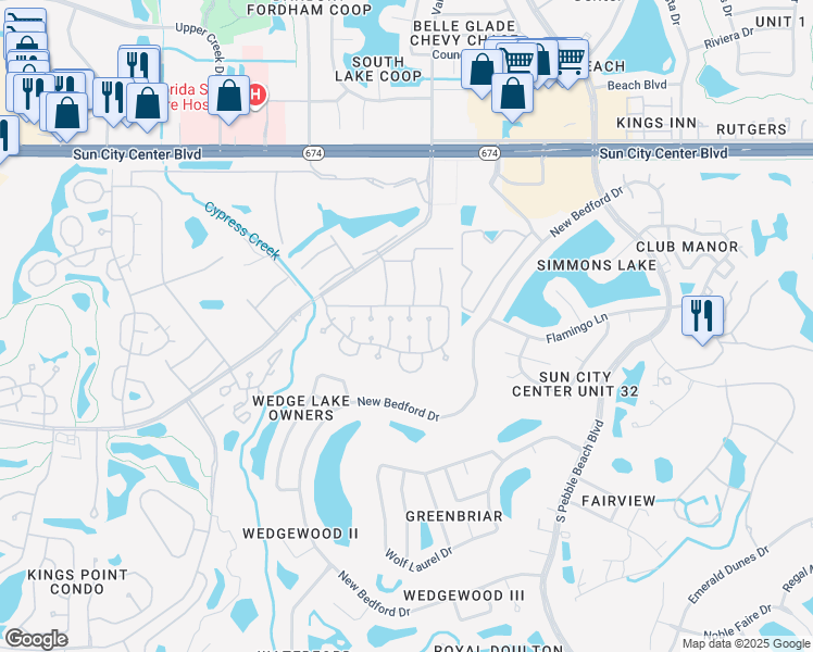 map of restaurants, bars, coffee shops, grocery stores, and more near 301 Fowling Court in Sun City Center