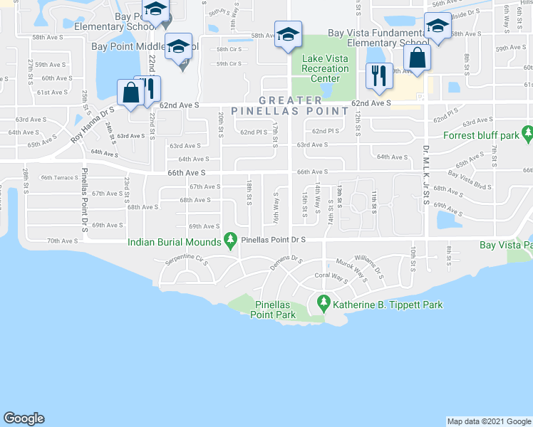 map of restaurants, bars, coffee shops, grocery stores, and more near 6822 17th Street South in St. Petersburg