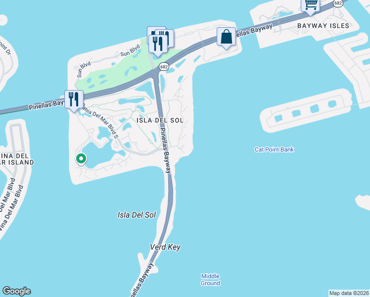 map of restaurants, bars, coffee shops, grocery stores, and more near 6365 Palma Del Mar Boulevard South in St. Petersburg
