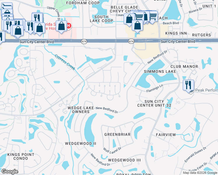 map of restaurants, bars, coffee shops, grocery stores, and more near 301 Fowling Court in Sun City Center
