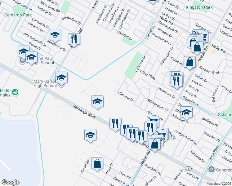 map of restaurants, bars, coffee shops, grocery stores, and more near 3601 Glenway Drive in Corpus Christi