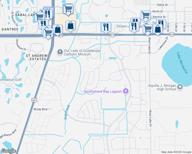 map of restaurants, bars, coffee shops, grocery stores, and more near 16747 Trite Bend Street in Wimauma