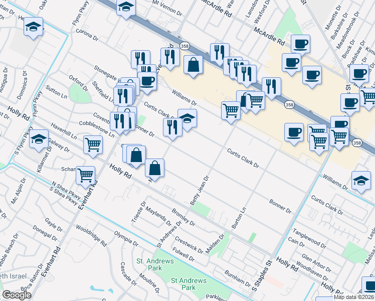 map of restaurants, bars, coffee shops, grocery stores, and more near 5030 Bonner Drive in Corpus Christi