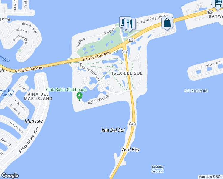 map of restaurants, bars, coffee shops, grocery stores, and more near 6035 Bahia Del Mar Boulevard South in St. Petersburg