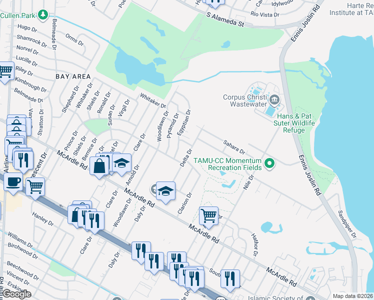 map of restaurants, bars, coffee shops, grocery stores, and more near 1002 Delta Drive in Corpus Christi