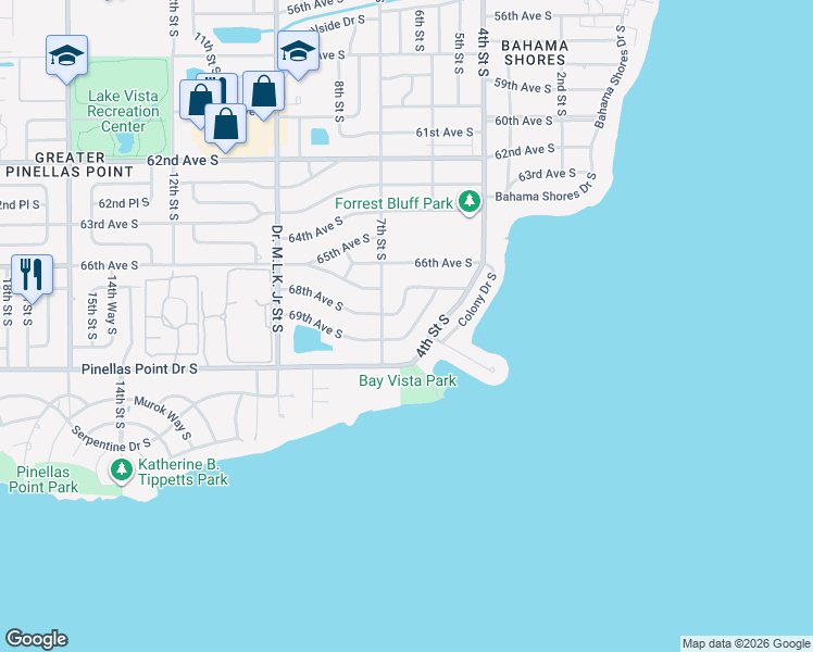map of restaurants, bars, coffee shops, grocery stores, and more near 651 69th Avenue South in St. Petersburg