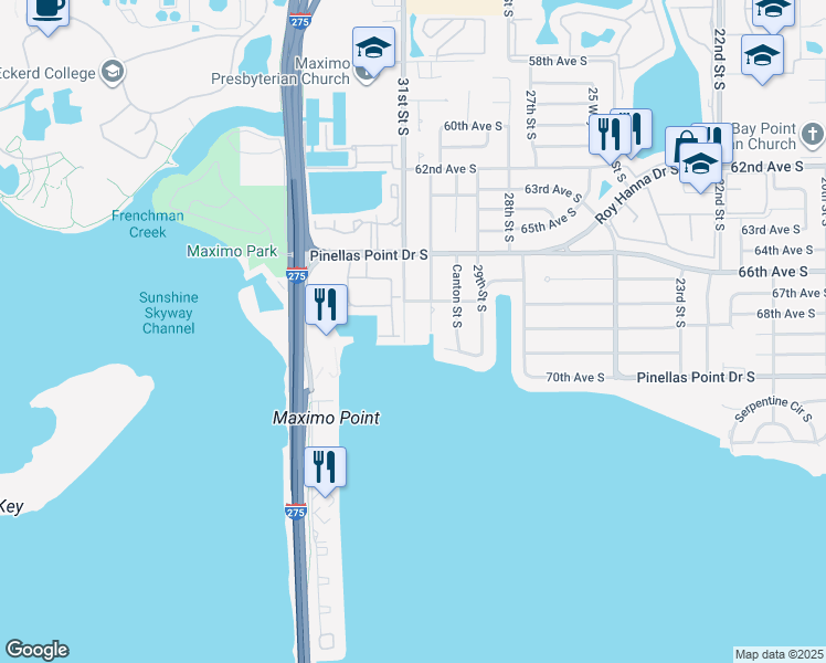 map of restaurants, bars, coffee shops, grocery stores, and more near 6746 31st Street South in Saint Petersburg
