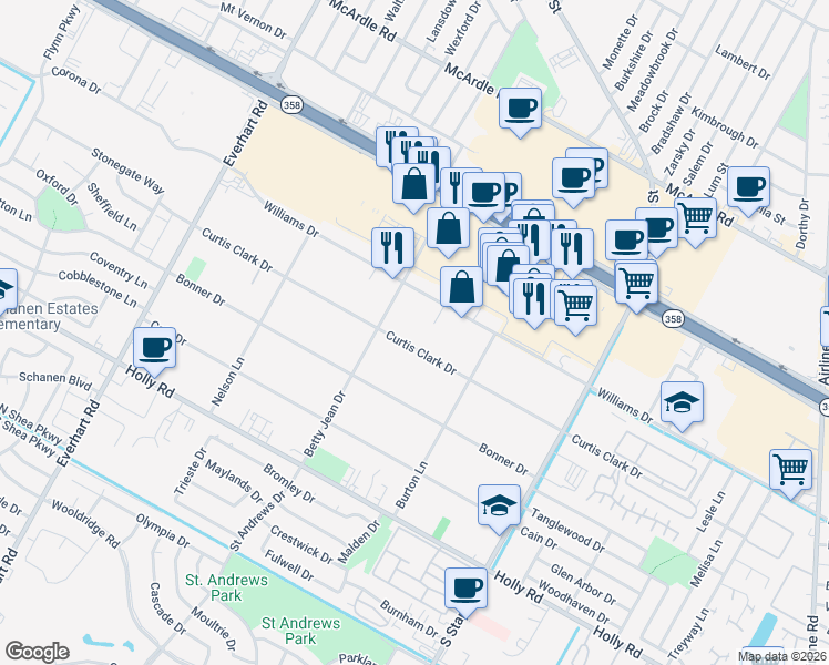 map of restaurants, bars, coffee shops, grocery stores, and more near 5226 Curtis Clark Dr in Corpus Christi
