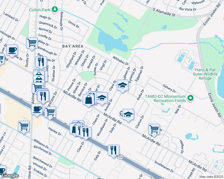 map of restaurants, bars, coffee shops, grocery stores, and more near 1114 Clare Drive in Corpus Christi