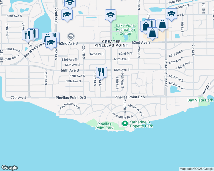 map of restaurants, bars, coffee shops, grocery stores, and more near 6832 16th Way South in St. Petersburg