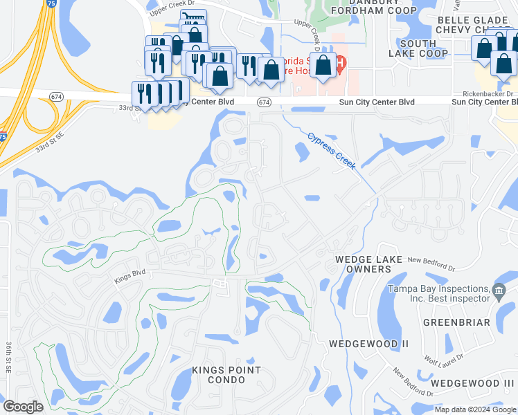 map of restaurants, bars, coffee shops, grocery stores, and more near 309 Grayston Place in Sun City Center