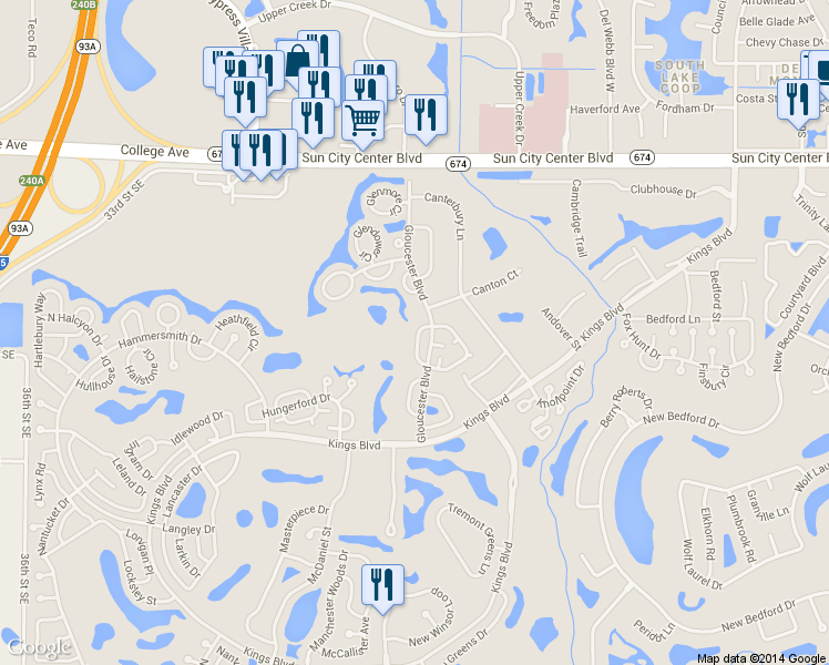 map of restaurants, bars, coffee shops, grocery stores, and more near 309 Grayston Place in Sun City Center
