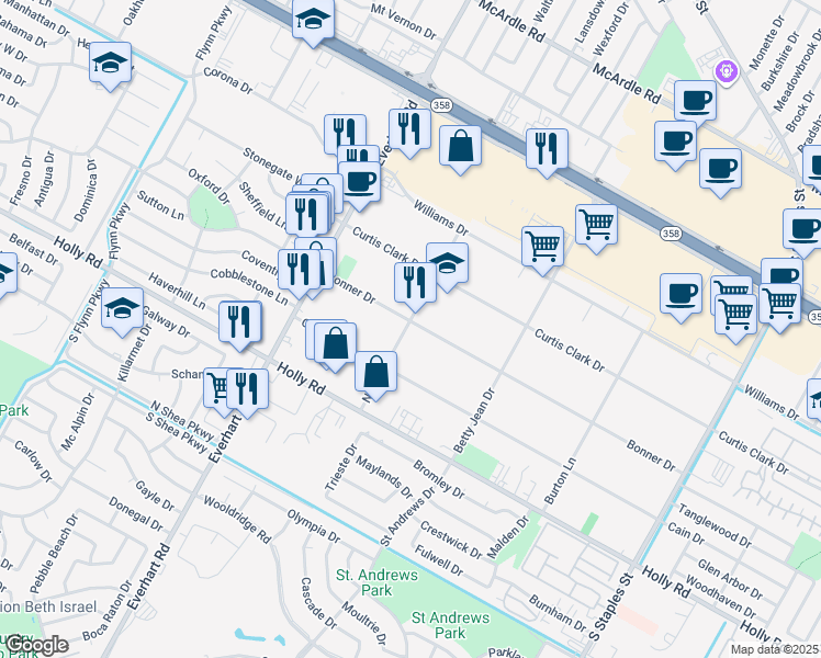 map of restaurants, bars, coffee shops, grocery stores, and more near 5001 Bonner Drive in Corpus Christi