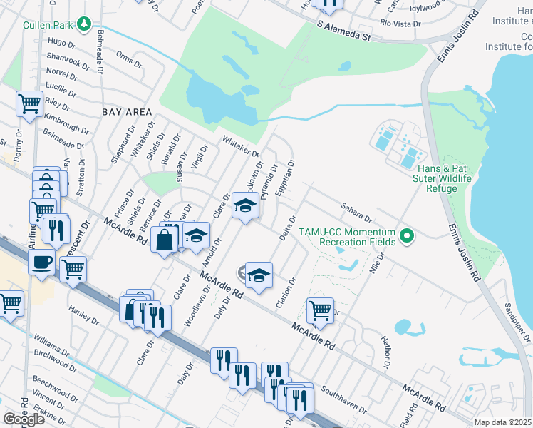 map of restaurants, bars, coffee shops, grocery stores, and more near 1042 Pyramid Drive in Corpus Christi