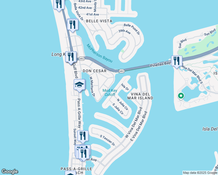 map of restaurants, bars, coffee shops, grocery stores, and more near 3115 South Debazan Avenue in St. Pete Beach