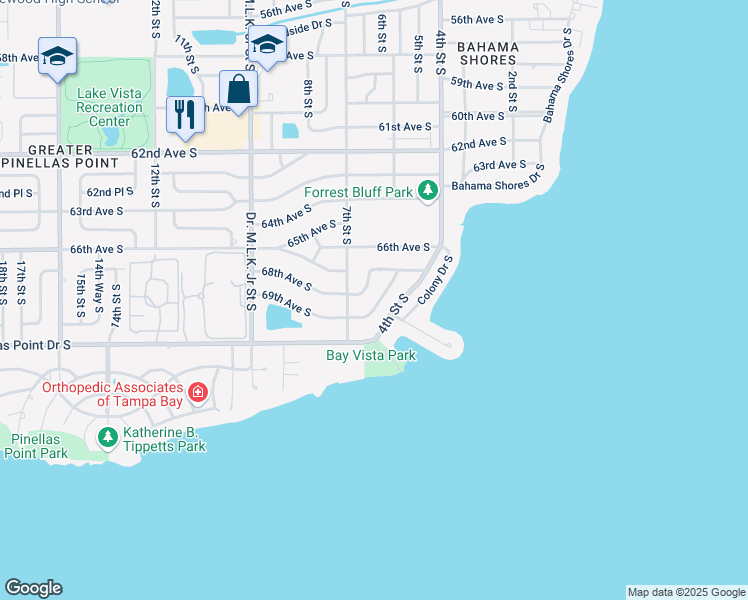 map of restaurants, bars, coffee shops, grocery stores, and more near 651 69th Avenue South in St. Petersburg