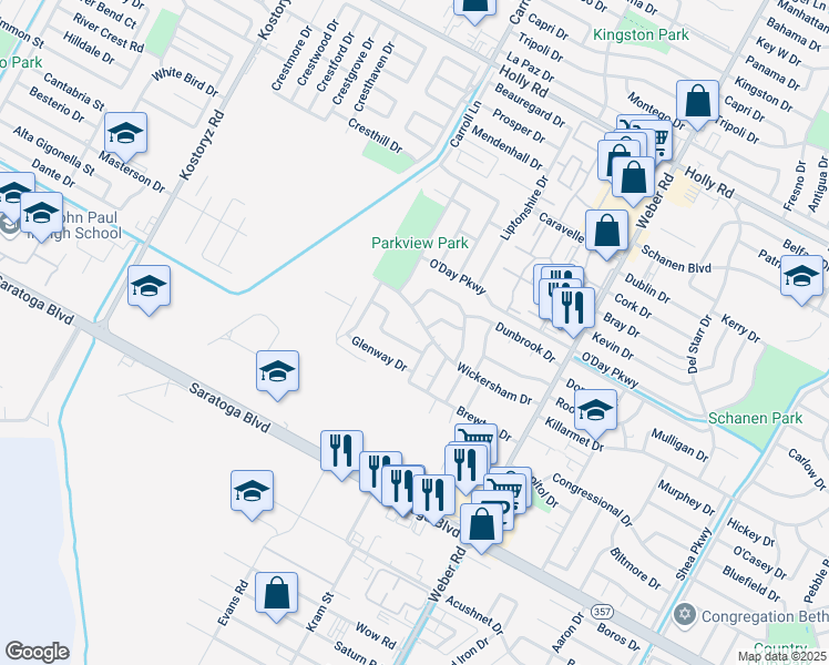 map of restaurants, bars, coffee shops, grocery stores, and more near 3641 Wickersham Street in Corpus Christi