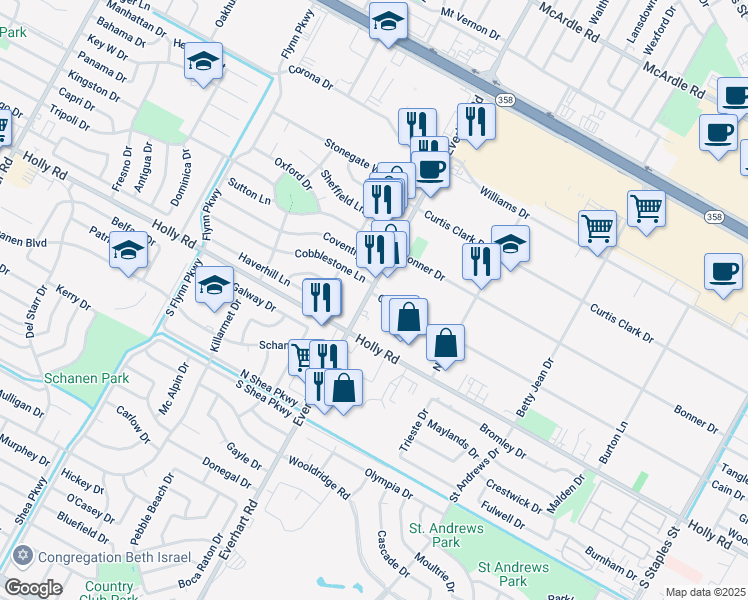 map of restaurants, bars, coffee shops, grocery stores, and more near 5606 Everhart Road in Corpus Christi