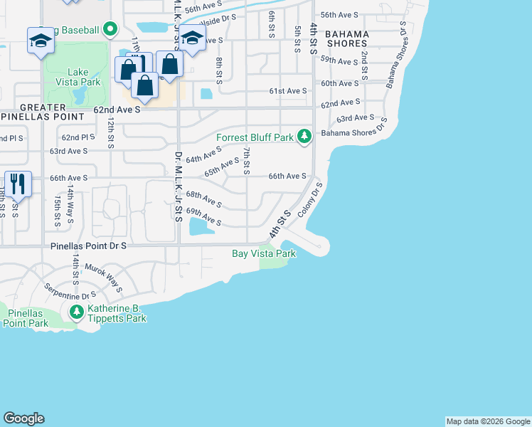map of restaurants, bars, coffee shops, grocery stores, and more near 651 69th Avenue South in St. Petersburg