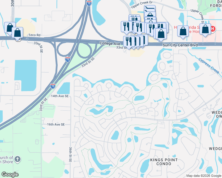 map of restaurants, bars, coffee shops, grocery stores, and more near 2034 Hawkhurst Circle in Sun City Center
