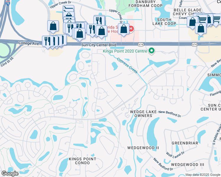 map of restaurants, bars, coffee shops, grocery stores, and more near 1904 Canterbury Lane in Sun City Center