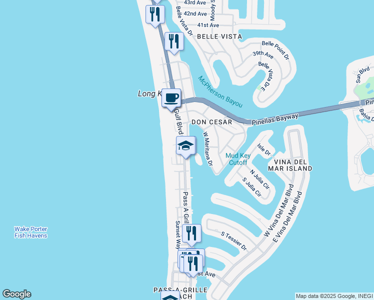map of restaurants, bars, coffee shops, grocery stores, and more near 3111 Pass a Grille Way in St. Pete Beach