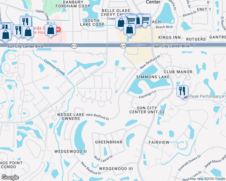map of restaurants, bars, coffee shops, grocery stores, and more near 1801 B Fox Hunt Drive in Sun City Center