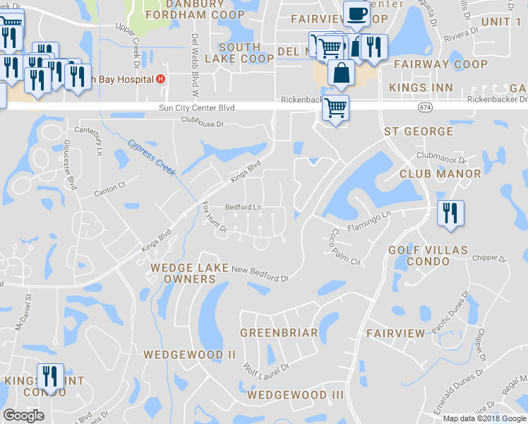 map of restaurants, bars, coffee shops, grocery stores, and more near 301 Fowling Court in Sun City Center