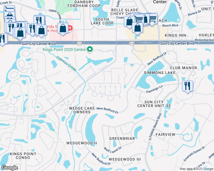 map of restaurants, bars, coffee shops, grocery stores, and more near 301 Fowling Court in Sun City Center
