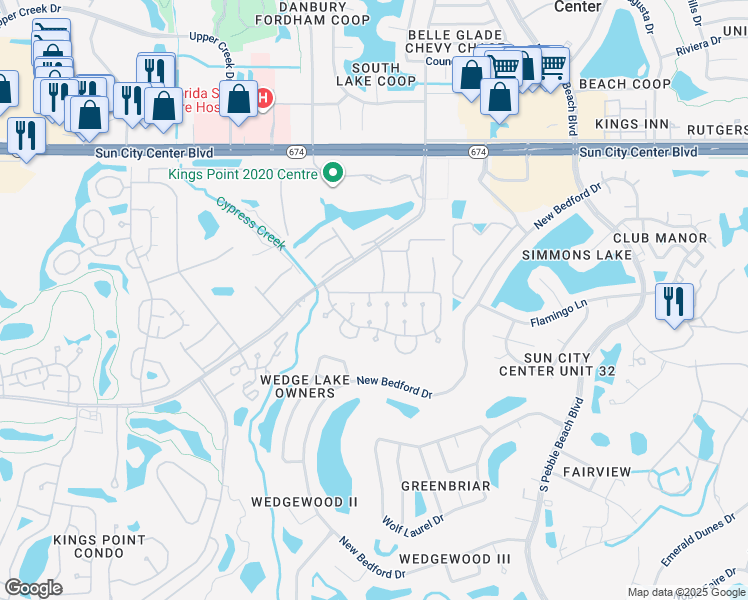 map of restaurants, bars, coffee shops, grocery stores, and more near 303 Friar Court in Sun City Center