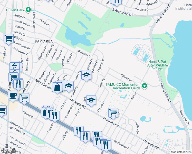 map of restaurants, bars, coffee shops, grocery stores, and more near 1042 Pyramid Drive in Corpus Christi